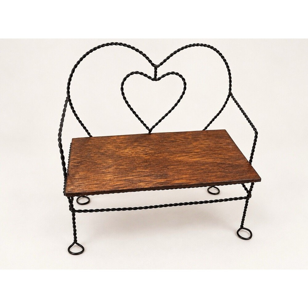 Miniature Wood & Twisted Wire Heart Doll Bench Rustic Farmhouse Display Decor